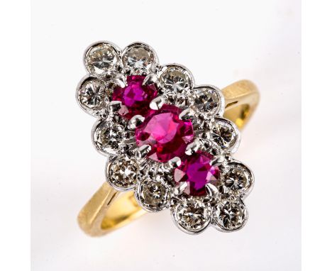 An Antique 18ct gold ruby and diamond marquise cluster panel ring, set with old European-cut rubies and round brilliant-cut d