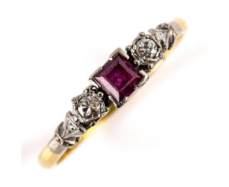 An early 20th century 18ct gold 3-stone ruby and diamond ring, set with square-cut ruby and round-cut diamonds, ruby measures