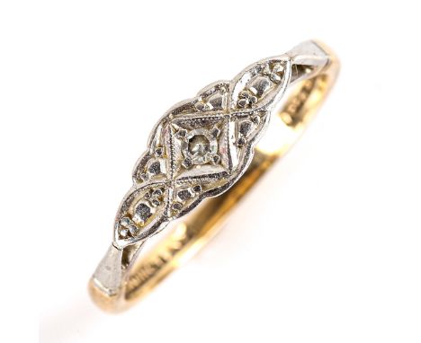 An early 20th century 9ct gold diamond panel ring, platinum tops with a single-cut diamond, setting height 5.6mm, size N, 2.2