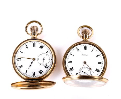 2 x gold plated pocket watches, including open-face keyless-wind Waltham example, and unnamed full hunter, case widths 50mm, 