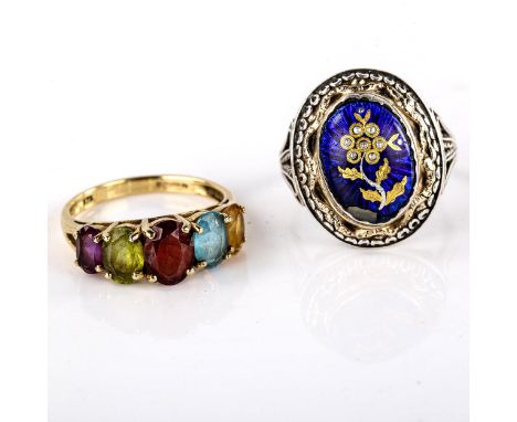 A modern 9ct gold gem set dress ring, size P, 2.8g, and a Continental unmarked silver and enamel bombe panel ring, size N, 6.