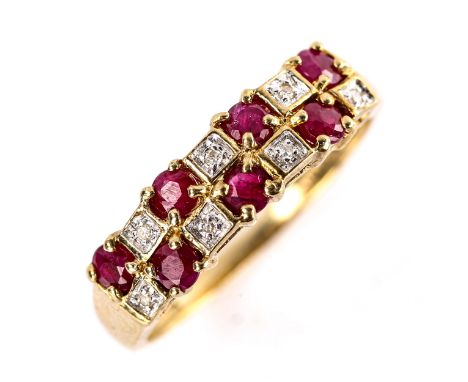 A modern 9ct gold ruby and diamond chequer board dress ring, set with round-cut rubies and single-cut diamonds, setting heigh