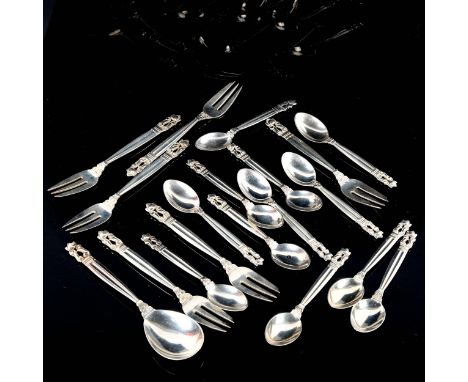 GEORG JENSEN - a set of Danish Acorn/Konge pattern sterling silver cutlery, comprising 6 x pastry forks, 12 x teaspoons, and 