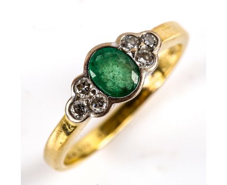 A modern 18ct gold emerald and diamond cluster dress ring, bezel set with oval mixed-cut emerald and round brilliant-cut diam