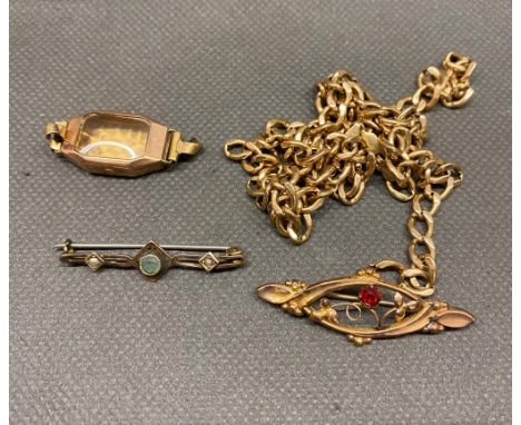 A broken 9 ct gold chain, watch case and 2 broaches 13 grams
