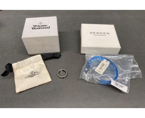 An unused Vivienne Westwood silver ring along with a brand new Skagen stainless steel bracelet