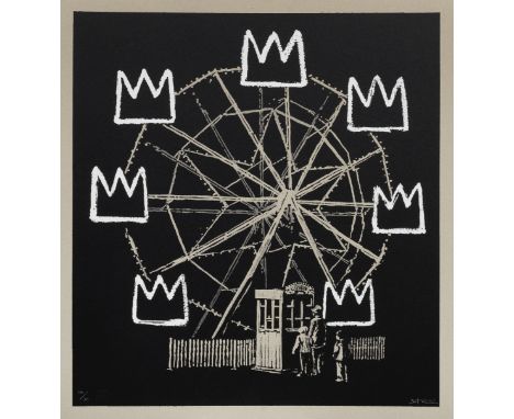 Banksy (born 1974)Banksquiat (Grey) Screenprint in colours, 2019, on grey card, signed and numbered 218/300 in white crayon, 