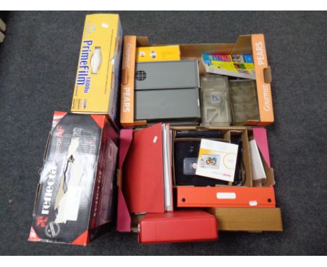 Two boxes of slide boxes, Kodak digital printer, Prime Film scanner, boxed Reflecta projector 