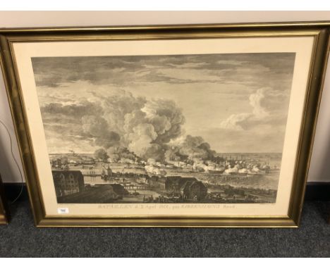 Continental monochrome print, depicting a battle scene, 84 cm x 60 cm 