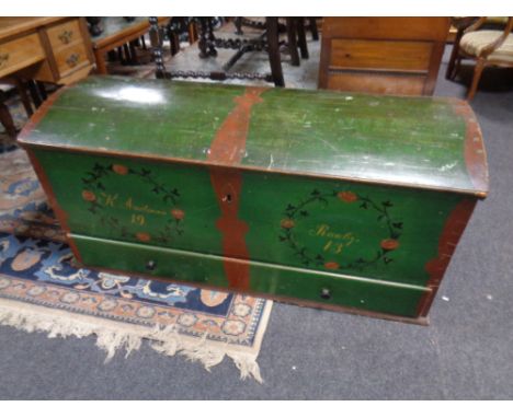 A 19th century painted dome topped shipping trunk fitted a drawer 