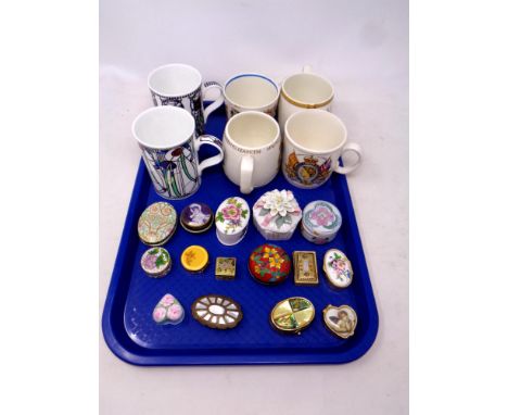 A tray of ceramic and metal lidded pill and trinket boxes, pair of Mackintosh Art Deco mugs, four commemorative mugs 