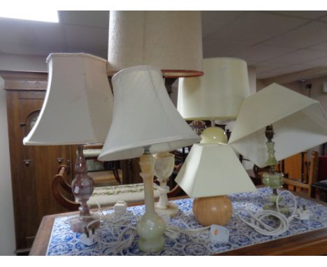 Six assorted onyx, wood and ceramic table lamps and shades 