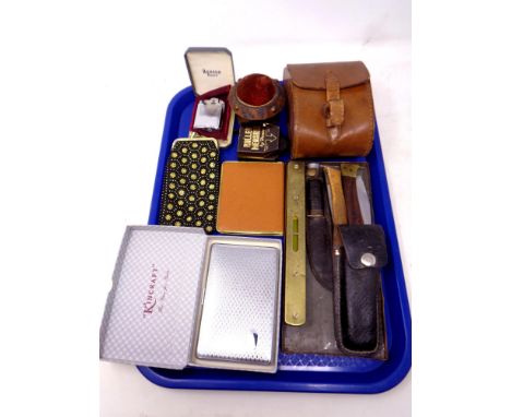A tray of leather case of cigarette cards, pin cushion, Ronson Essex lighter, pocket knives, cigarette case etc 