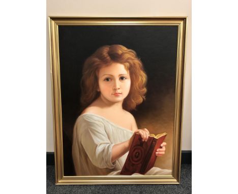 Contemporary school : oil on canvas, portrait of a child reading a book, 58 cm x 78 cm 