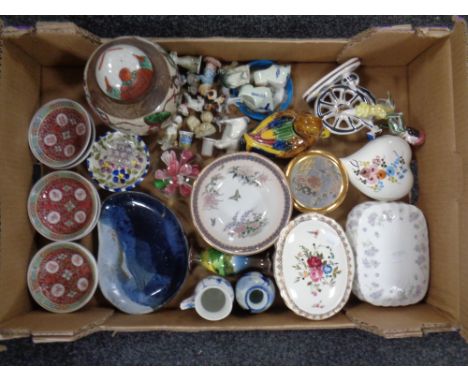 A box of assorted ceramics - oriental wares, glass paperweight, thimbles, trinket pots etc 