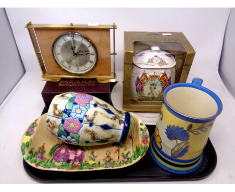 A tray of assorted ceramics, Handcocks Ivory ware tankard, Paragon twin handled mug, Ringtons jubilee caddy, mid 20th century