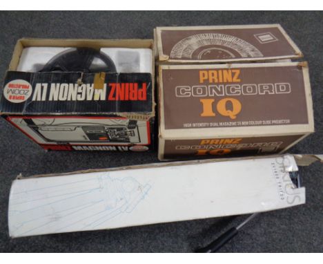 A Prinz Concorde projector, Prinz Majnon LV projector and Sirius camera tripod, all parts boxed 