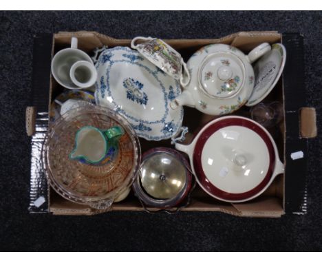 A box of assorted ceramics - J &amp; G Meakin tureen, teapots, Portmeirion vase, glass ware etc 