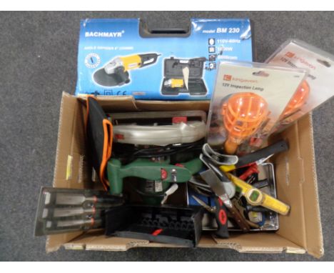 A Bachmayr angle grinder in case and a box of Bosch hand saw, chisels, inspection lamps, hand tools etc 