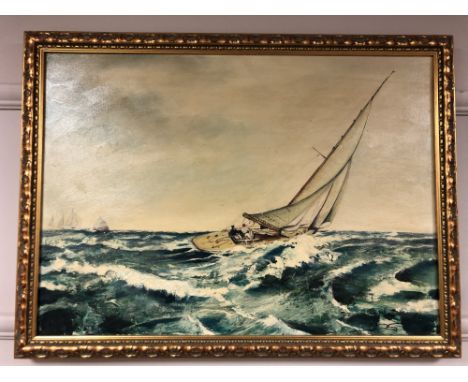 Continental school : sailing boat in rough seas, textured print on canvas, 69 cm x 49 cm 