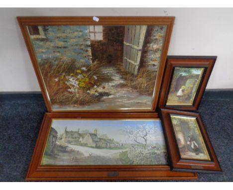 A Chadwick oil on canvas, farm yard, together with three further framed prints - The Visitor, Fetching Water and Upper Wall f