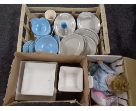 Two boxes of commercial dinner ware, Poole dinner ware, Susan Wakeen little sleepy head porcelain doll 