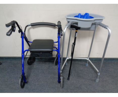 A Days mobility walking aid/seat together with a Days walking stick and zimmerframe with caddy 