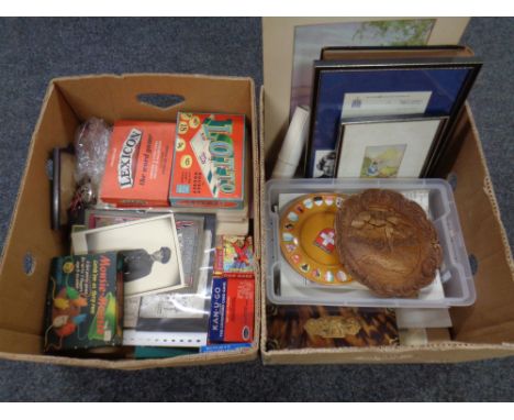 Two boxes containing vintage games and playing cards, Margaret Thatcher letter and signed photo, photograph album, ephemera e