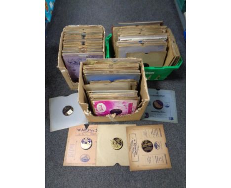 Three boxes of 78's records - HMV, Parlophone, Decca and Columbia labels 
