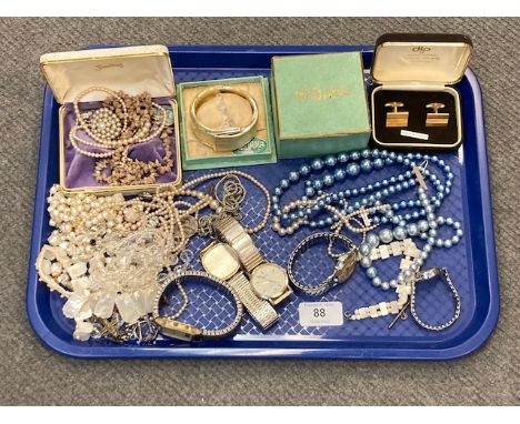 A tray of costume jewellery, watches including Timex etc