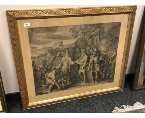 Continental monochrome print, depicting Greek figures with camels, 79 cm x 64 cm 