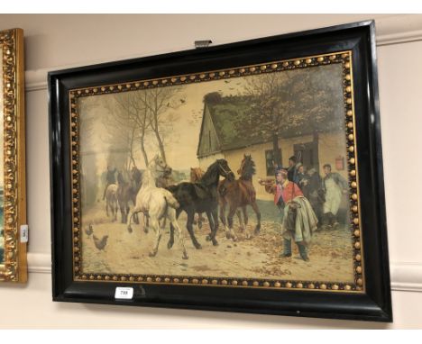 Continental colour print, horses on a track, 55 cm x 37 cm 