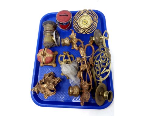 A tray of assorted antique and later metal wares, carbide lamp, brass sconces, Coronation crown money box etc 