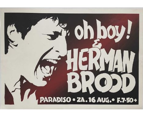 An original and rare silkscreened poster for a Herman Brood concert at Amsterdam's 'Paradiso' c late 1970s. Designed and prin