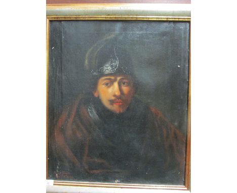 19th century portrait of gentleman in red robe and helmet, oil on canvas, signed lower left Fanny Littleton April 5th 1880, (