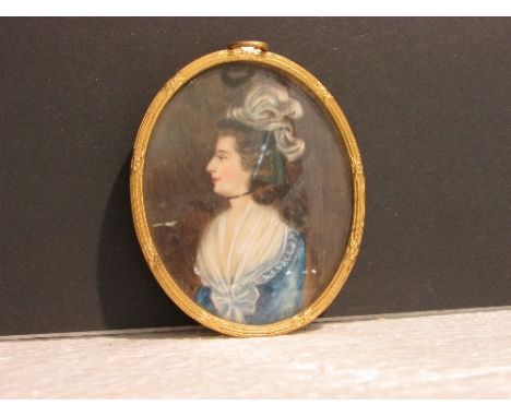 19th century oval miniature portrait of a lady in blue dress and white feather hat, signed J Myers bottom right (7cm x 6cm) i