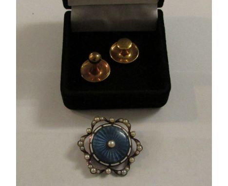 15ct gold floral brooch, seed pearl set centrally within a roundel of blue guilloche enamel with a border of white enamel lin