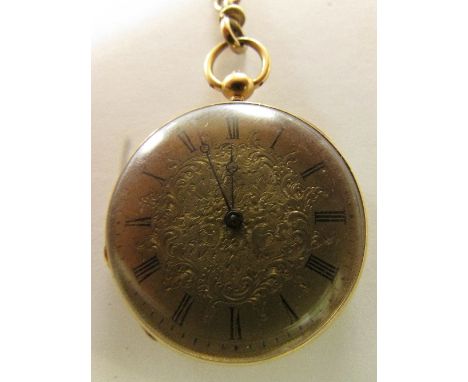 Ladies Victorian 18ct gold fob watch with engraved dial, Roman chapter, the outer back plate enamelled with pink rose and blu