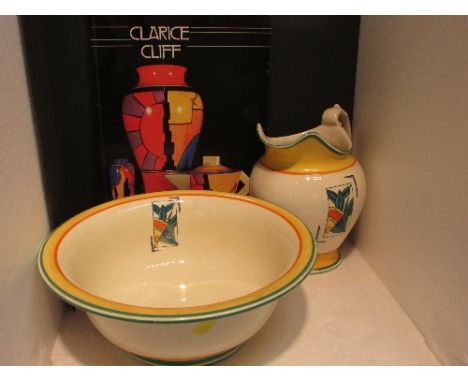 Clarice Cliff 'Dore' pattern toilet jug (height 22cm) and bowl (diameter 31.5cm), Wilkinson manufacturer's stamps, marked Exc