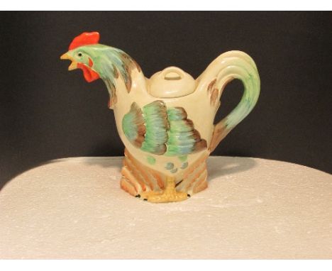 Clarice Cliff teapot modelled as a chicken, height 19cm, Clarice Cliff Wilkinson Ltd England black transfer mark MADE IN ENGL