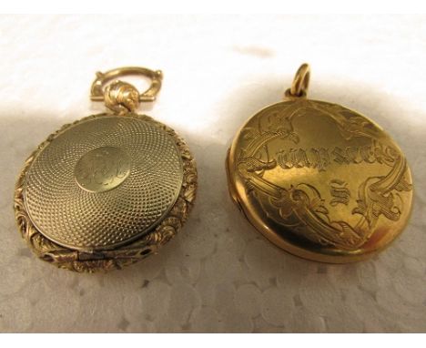 Two Victorian gold memorial lockets, the larger engraved with initials and enclosing two lockets of hair sewn with gold threa