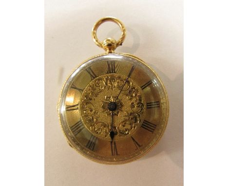 Victorian 18ct engraved ladies gold fob watch, the dial engraved with foliate scrolls, Roman chapter within engine turned bor