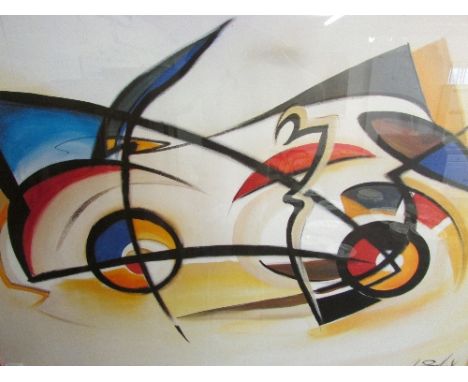 Colour print in abstract style of car with prominent tail fins, indistinct printed signature lower right, late 20th / 21st ce