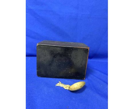 19TH CENTURY PAINTED WOOD TEA CADDY WITH CADDY SPOON 