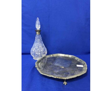 SILVER COLLARED CRYSTAL DECANTER AND TWO SILVER PLATED SALVERStogether with other silver plate including hotel plate