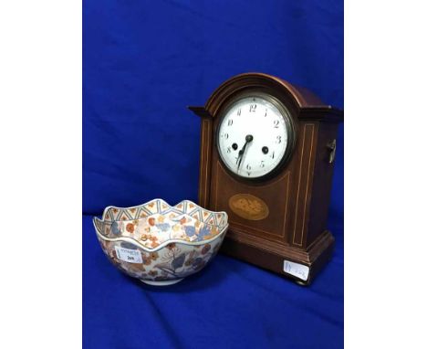 MAHOGANY INLAID MANTLE CLOCK and a Chinese Imari pattern bowl