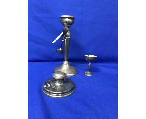 SILVER CANDLESTICK,along with a silver teaspoon, silver trophy and a plated desk perpetual calendar (4)