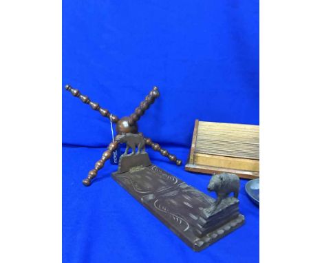 LOT OF WOODEN ITEMSincluding cigarette box, book stand and candlestick (4)
