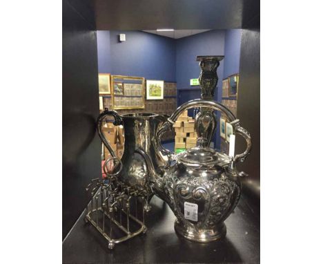 SILVER PLATED TOAST RACK, KETTLE, WATER JUG AND CANDLESTICK