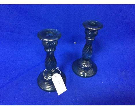 PAIR OF ATTRACTIVE COLOURED GLASS CANDLESTICK HOLDERS (2)